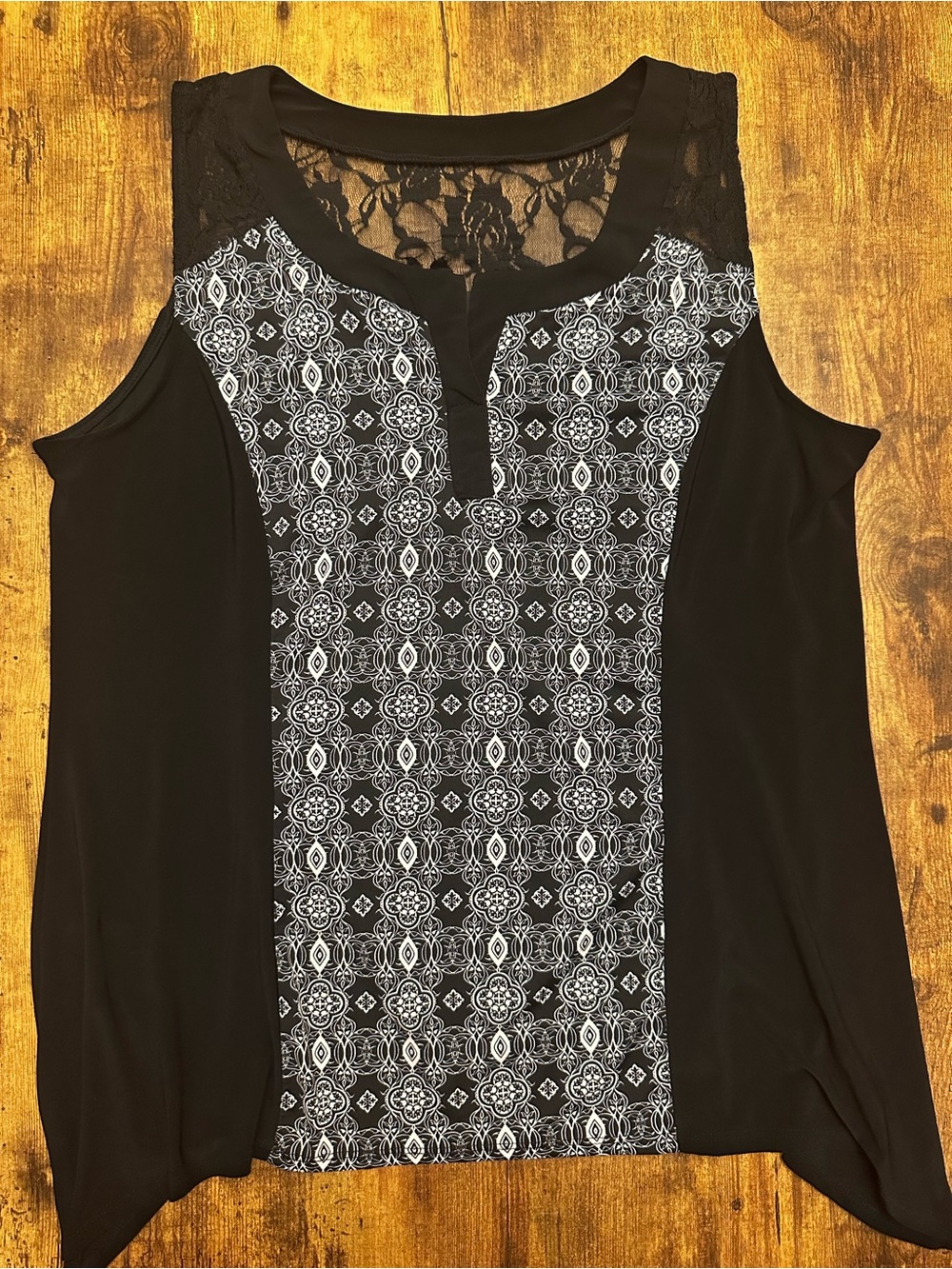 Laura Black Lace Sleeveless Blouse with Geometric Front Panel XL